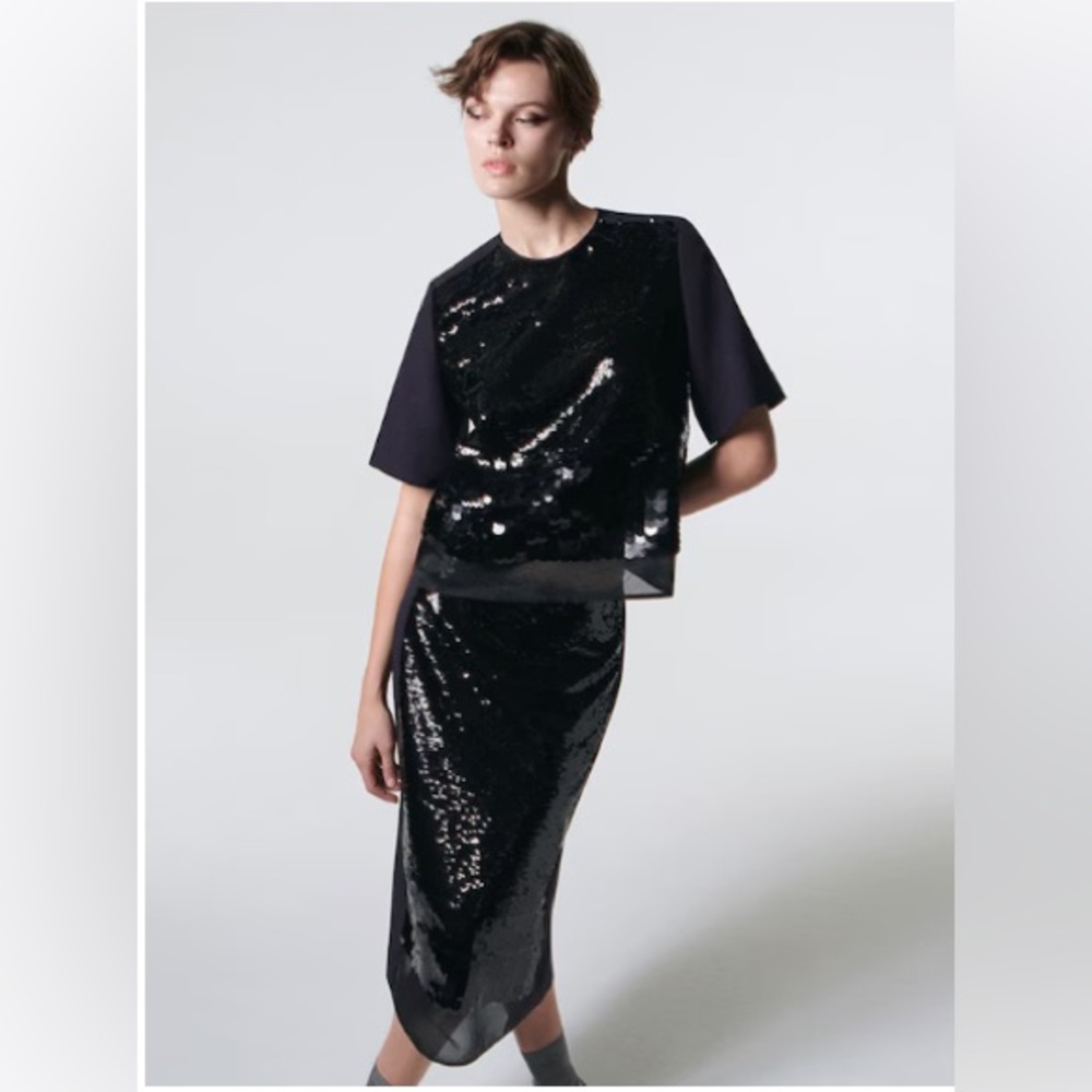 COS Black Sequined Organza Pencil Skirt